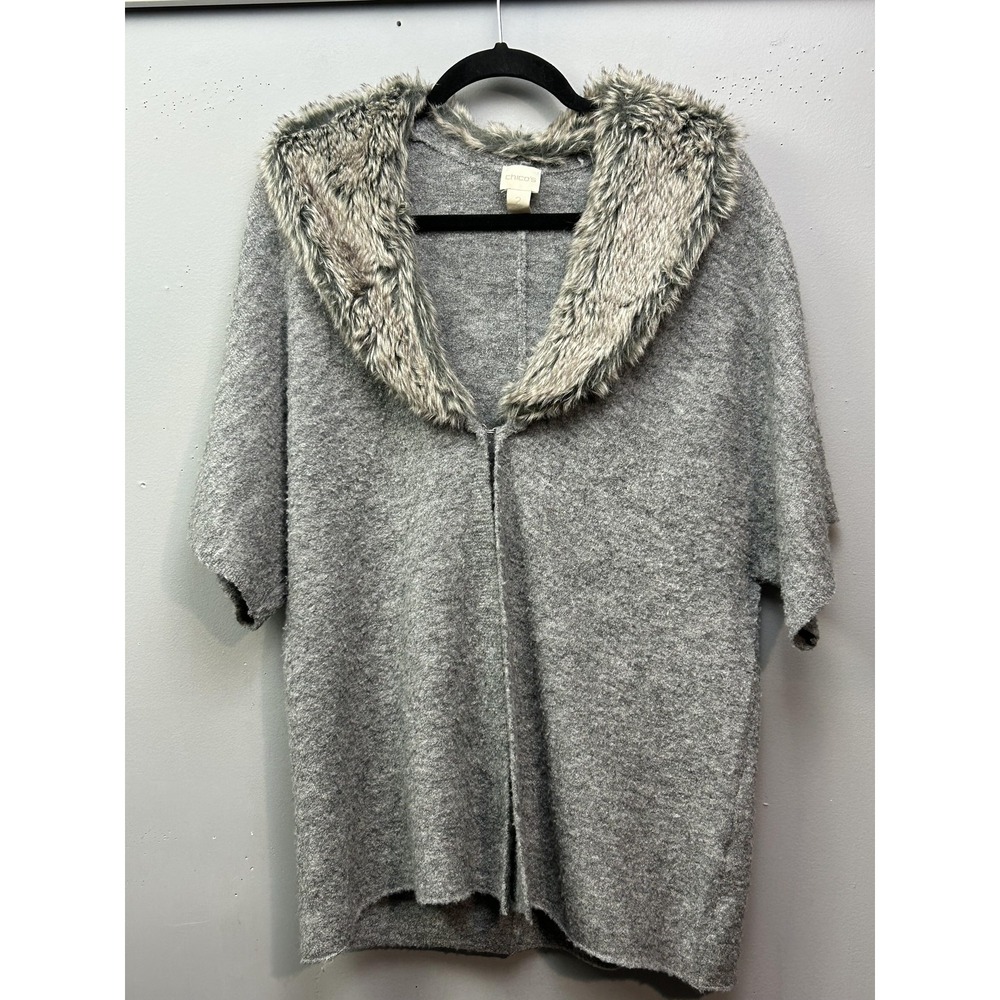 Chicos Sweater Womens 2 Gray Faux Fur Hooded Short Sleeve Open Front Cardigan